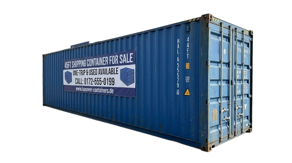 45ft Shipping Container for Sale — blue 45ft container with a one-trip and used availability banner along the side.