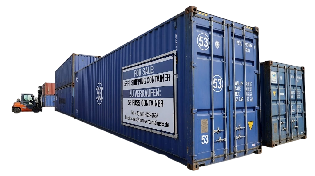 53ft Shipping Container for Sale — blue 53ft container in a depot row with a bilingual For Sale banner.