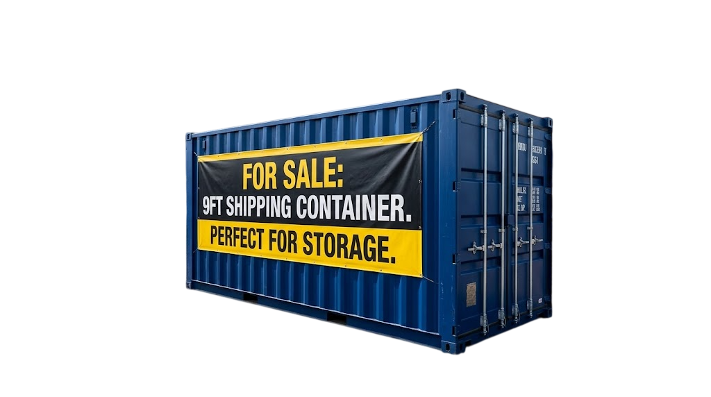 Navy 9ft Shipping Container for Sale with a yellow storage For Sale banner