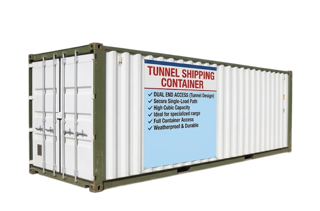 Green and white full side access container for sale with the complete side wall opened for loading