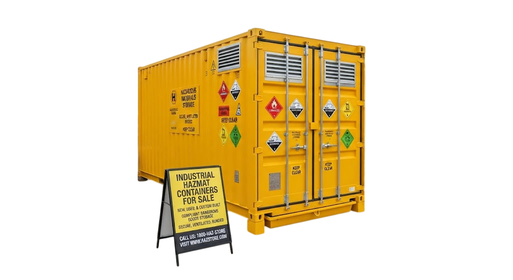 Yellow Hazardous Material Container for Sale with ventilation grilles and DG placards