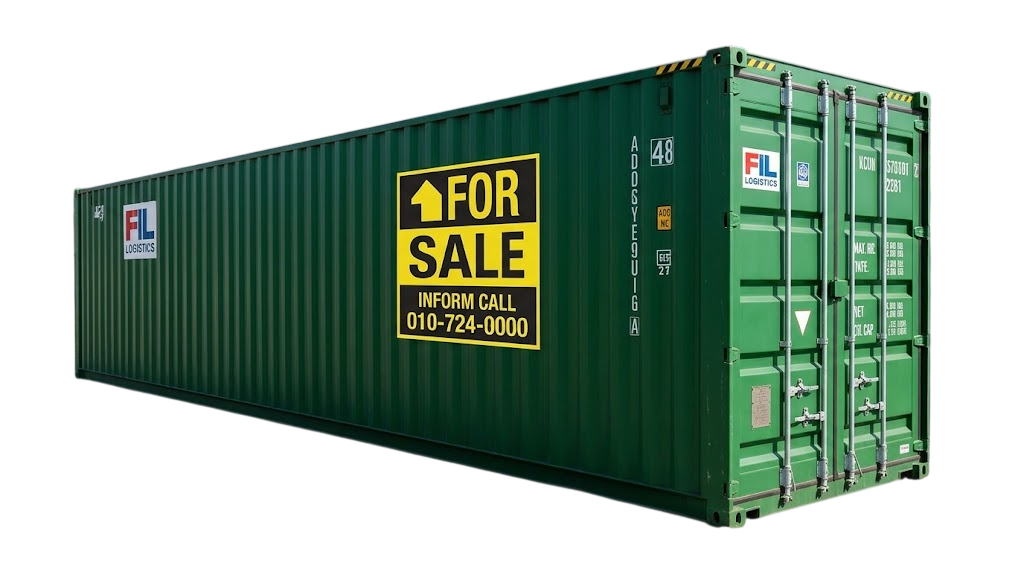 48ft Shipping Container for Sale — green 48ft domestic container with a For Sale board on the side panel.