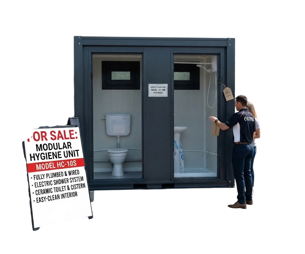 Shower Container for Sale, fully plumbed modular hygiene unit with toilet and electric shower