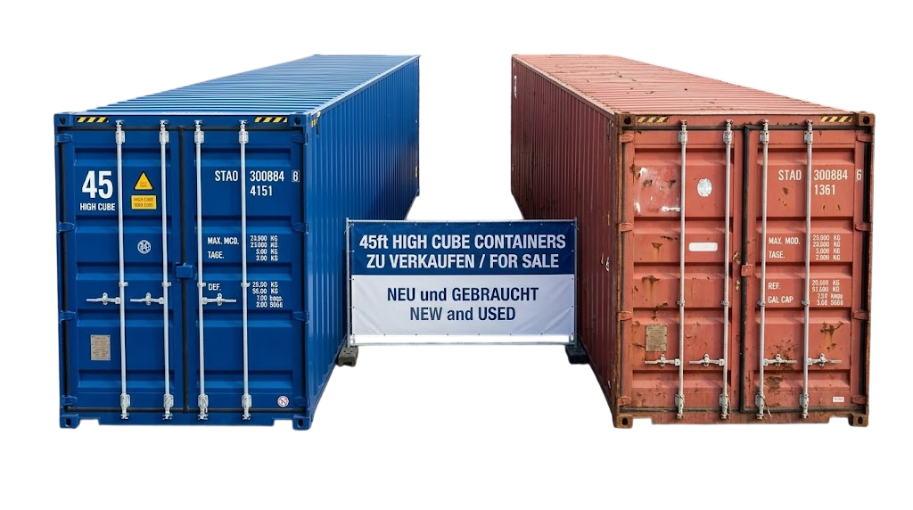 45ft High Cube Shipping Container for Sale — new blue and used red 45ft high cube units shown side by side.