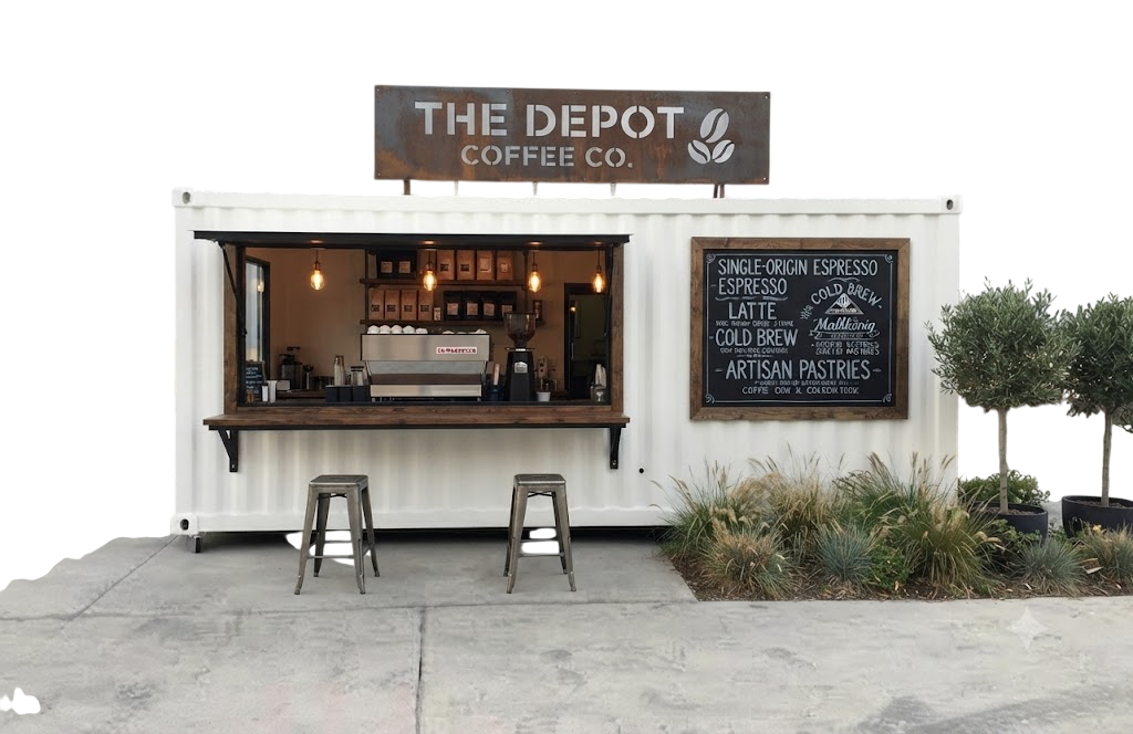 Kiosk Container for Sale — white 20ft coffee kiosk container with serving hatch, counter and menu board