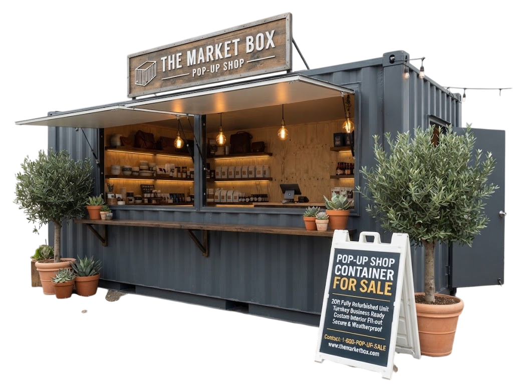 Pop Up Shop Container for Sale — 20ft retail container with fold-out canopy, timber counter and fitted shelving