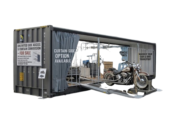 Motorcycle Shipping Container for Sale — 40ft curtain-side container with loading ramp and motorcycle secured on internal tie-down rails