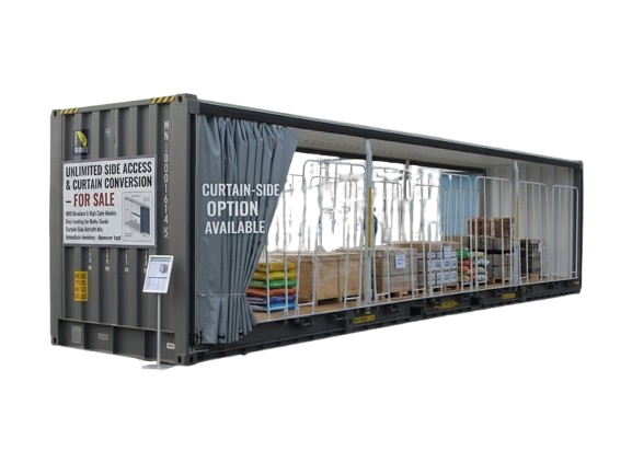 Curtain Side Shipping Container for Sale — 40ft container with full unlimited side access, retractable curtain and palletised cargo loaded