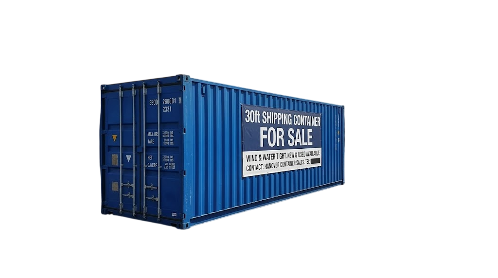 Blue 30ft Shipping Container for Sale with a wind and water tight For Sale banner