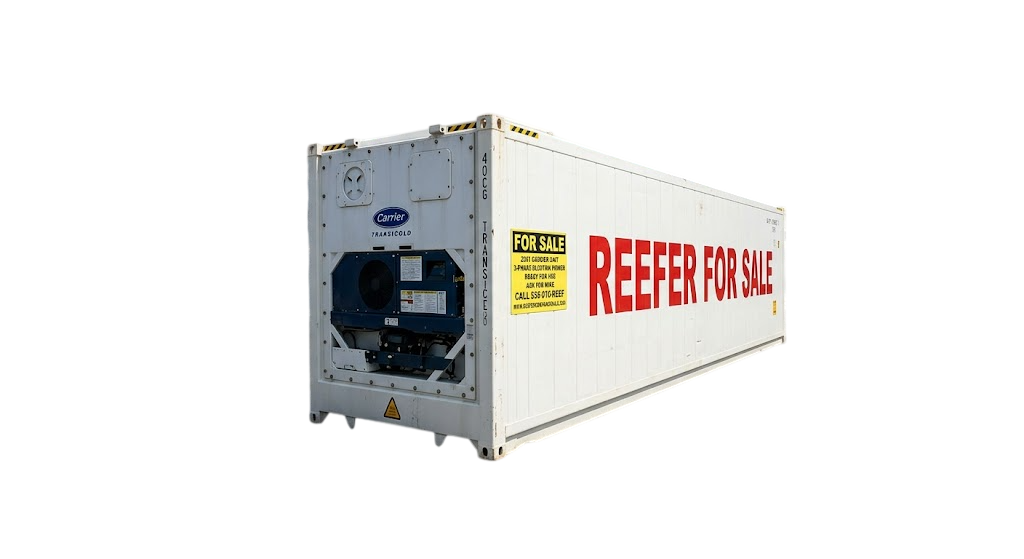 White 40ft Carrier reefer shipping container for sale with red FOR SALE lettering