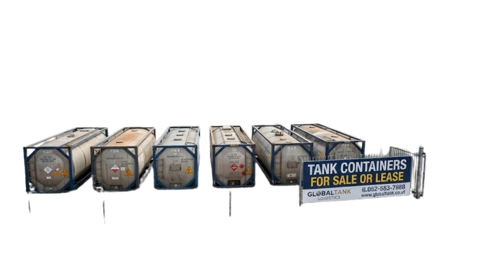 Row of ISO Tank Containers for Sale in a yard with hazard placards and steel frames
