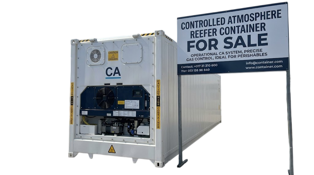 Controlled atmosphere CA reefer container for sale beside a FOR SALE yard sign