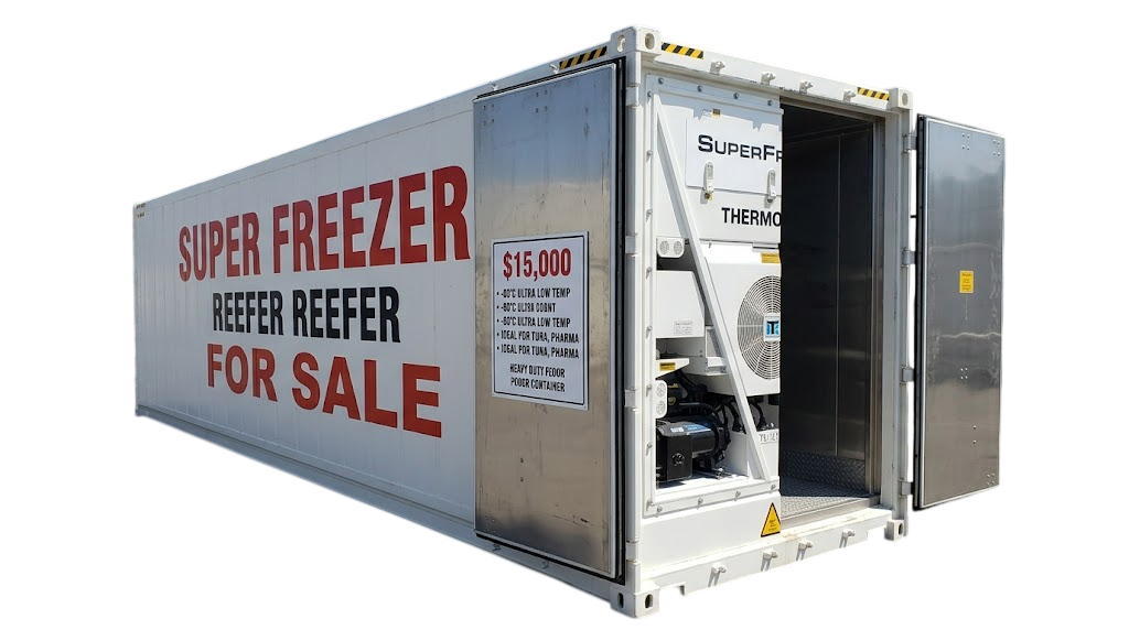 Super freezer reefer container for sale with doors open showing -60C Thermo King unit