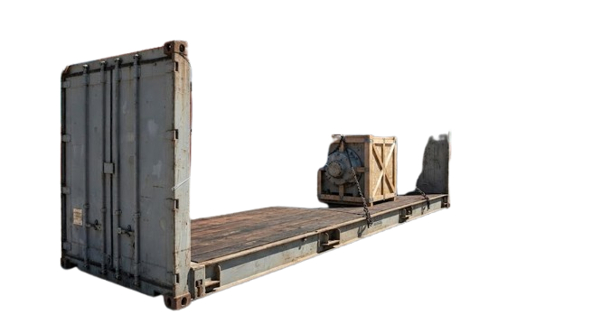 Folding End Platform Shipping Container for Sale with collapsible end wall and crated machinery secured on deck