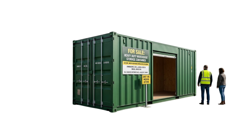 Green heavy duty warehouse storage container for sale with roller shutter and FOR SALE board