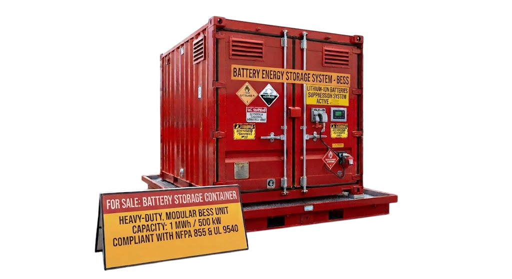 Red Battery Storage Container for Sale with BESS signage and bunded spill pallet