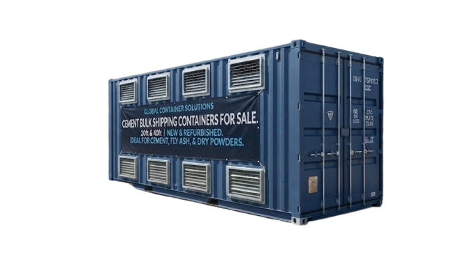 Navy Cement Bulk Shipping Container for Sale with side vents and banner