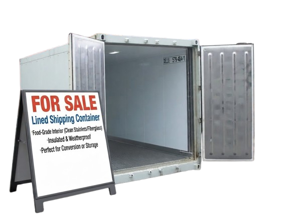 Lined Shipping Container for Sale with food-grade insulated stainless and fiberglass interior lining and doors open