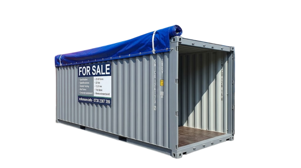 20ft Open Top Shipping Container for Sale with blue tarpaulin roof and removable door header