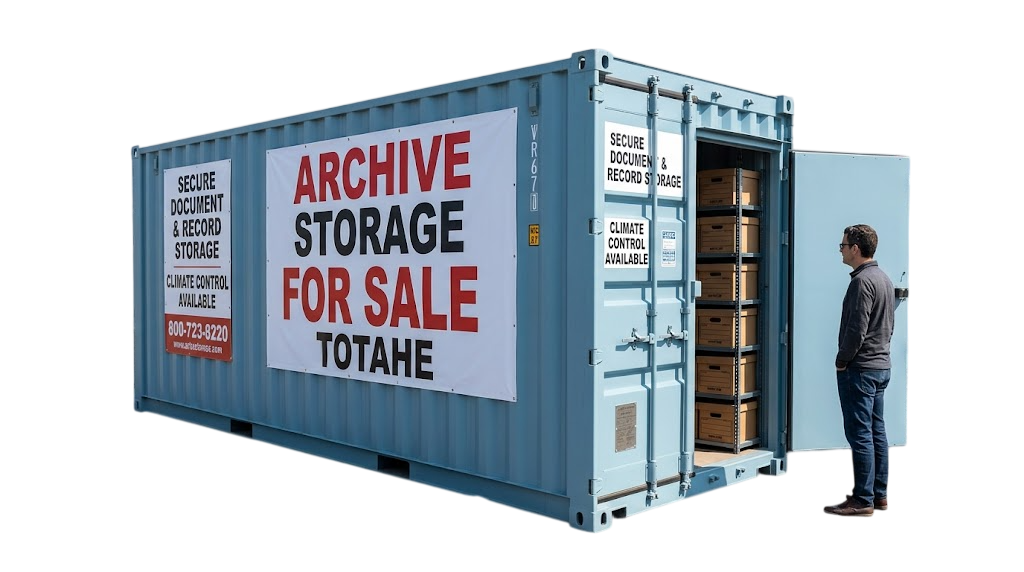 Blue archive storage container for sale with document shelving and FOR SALE banner