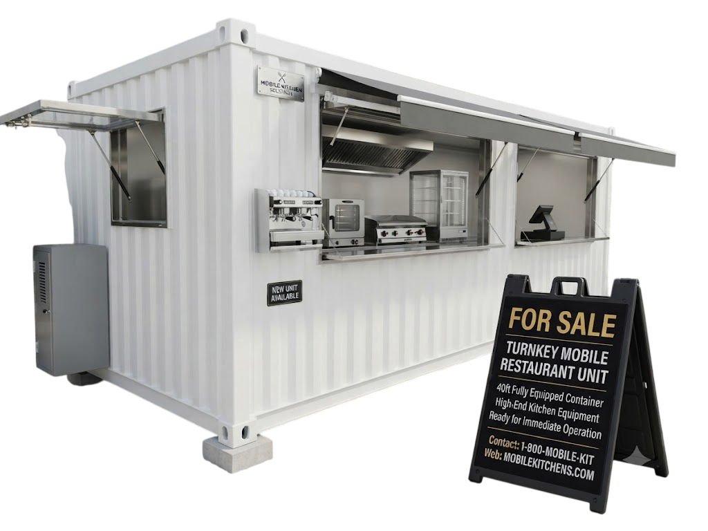 Restaurant Container for Sale — 40ft mobile restaurant container fitted with commercial kitchen equipment and serving hatches