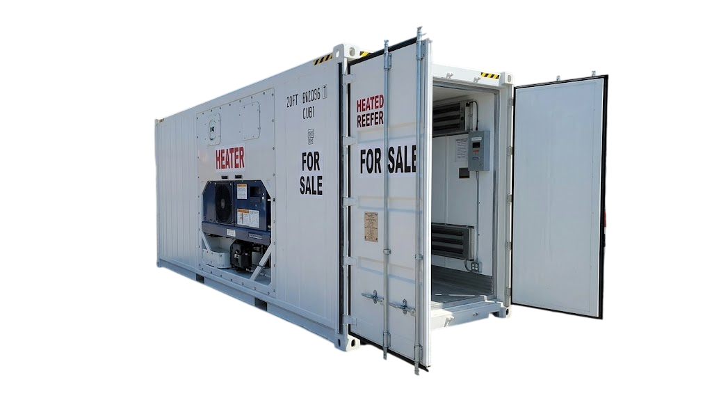 White 20ft heated reefer container for sale with FOR SALE lettering and heater unit visible