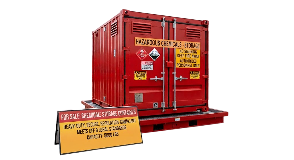 Red Chemical Storage Container for Sale with hazardous chemicals signage and bunded base