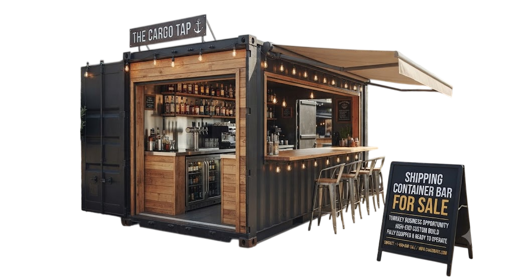 Bar Container for Sale — 20ft container bar with retractable awning, back bar, taps and stool seating
