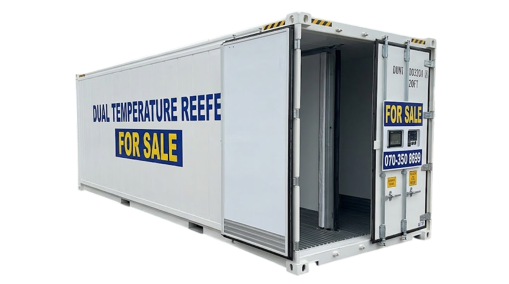 White 20ft dual temperature reefer container for sale with blue and yellow FOR SALE branding and open doors