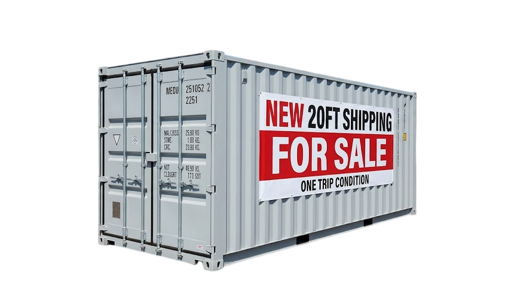 New grey 20ft High Cube Shipping Container for Sale in one-trip condition with For Sale banner