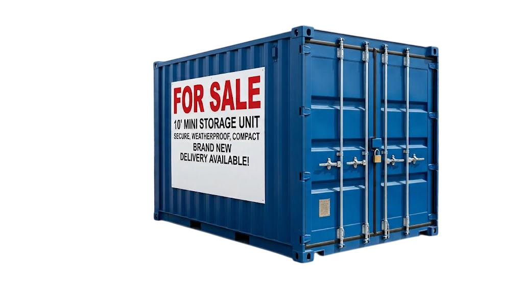 Blue 10ft mini storage container for sale with FOR SALE sign and padlocked doors