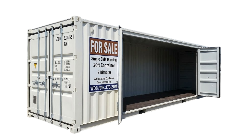 White 20ft single side opening container for sale with FOR SALE board and one full side door swung open