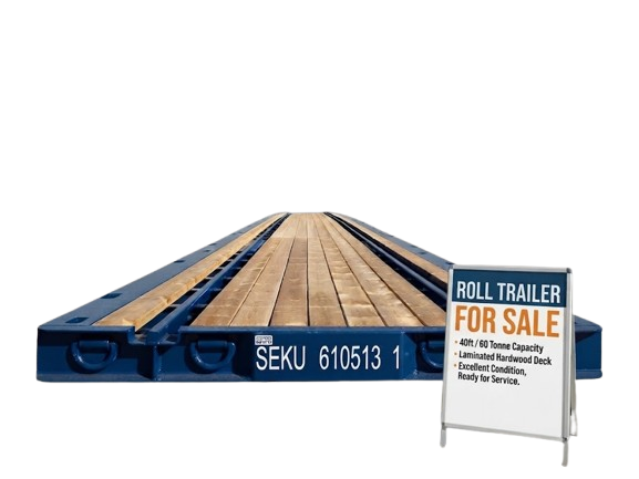 Roll Trailer Shipping Container for Sale, blue 40ft roll trailer with laminated hardwood deck and 60 tonne capacity
