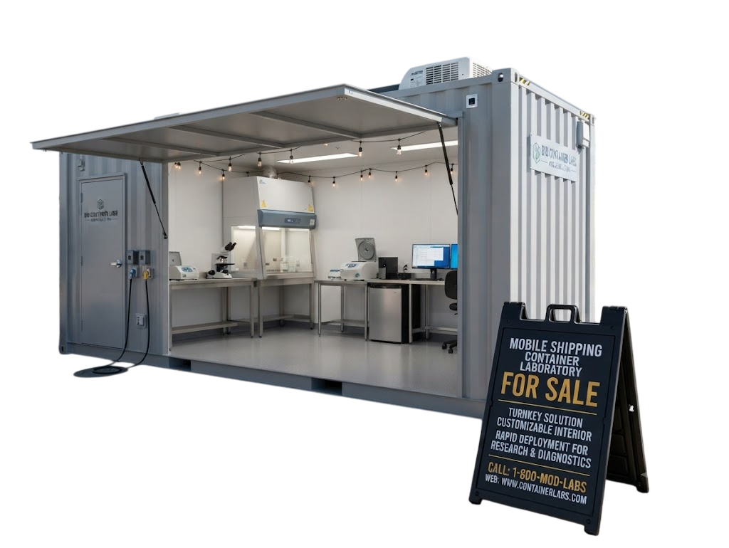 Laboratory Container for Sale — 20ft mobile shipping container laboratory with fume hood, benching and climate control