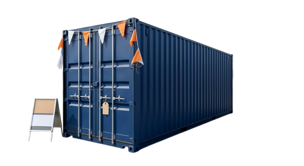 High Cube Shipping Container for Sale — navy blue high cube container with closed cargo doors on a white background.
